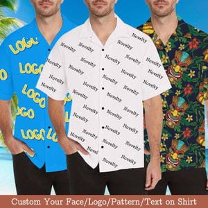 May include: Three different button-up shirts with various patterns. The first shirt is blue with a yellow logo pattern. The second shirt is white with a black "Novelty" text pattern. The third shirt is dark blue with a colourful tropical pattern.