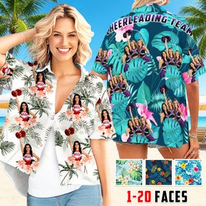 May include: White Hawaiian shirt with a tropical floral and palm tree pattern. The shirt features images of a cheerleader with the name "Miley" and red pom-poms. The back of the shirt has the text "CHEERLEADING TEAM" and images of cheerleaders.