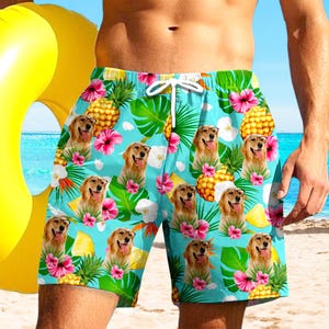 Customized Dog Personalized Men&#39;s Swim Shorts, Custom Swim Trunks, Hawaiian Tropical Swim Trunks with Faces, Father&#39;s Day Gift, beach party