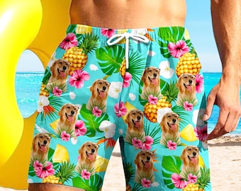 Custom Men's Swim Trunks: Personalized Dog Hawaiian Beach Shorts