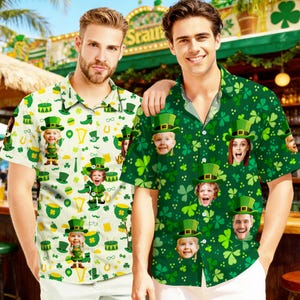 Personalized St Patrick Hawaiian Shirt with Face, Custom Lucky Shamrock Button Shirt