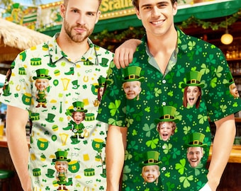 Personalized St Patrick Hawaiian Shirt with Face, Custom Lucky Shamrock Button Shirt