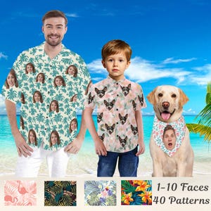 May include: A family of three wearing matching custom Hawaiian shirts with different patterns. The shirts feature a variety of tropical designs, including palm trees, flowers, and birds. The shirts are available in a variety of colors and patterns. 1-10 Faces 40 Patterns.