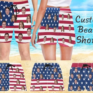 Custom American Flag Swim Trunk for Couple, Personalized Beach Shorts with Face, Custom Independence Day Shorts For Men Women, Gift for Dad