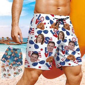 Custom Men&#39;s Mid-Length Swim Shorts, Personalized Swim Trunks, Hawaii Swim Trunks with Faces, Valentine&#39;s Gifts, custom Men&#39;s Beach Shorts
