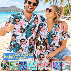 May include: Two short-sleeved button-down shirts featuring a tropical pattern of green palm leaves and pink hibiscus flowers, customized with repeating photographic faces and dog portraits. A dog wears a matching bandana with a face print.