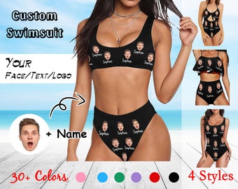 May include: Customizable swimsuit with four different styles. The swimsuit is black with a repeating pattern of a person's face. The text "Sophia" is printed on the swimsuit. The text "Custom Swimsuit" is at the top of the image. The text "Your Face/Text/Logo + Name" is in the lower left corner of the image. The text "30+ Colors" is in the lower left corner of the image. The text "4 Styles" is in the lower right corner of the image.