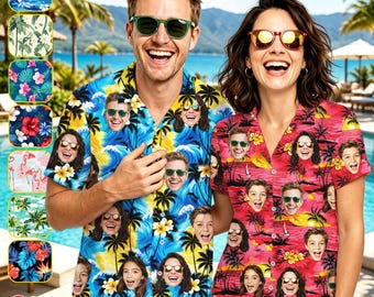 Personalized Family Hawaiian Shirt with Logo Face, Custom Team ButtonDown Shirt, Bachelor Party Gift