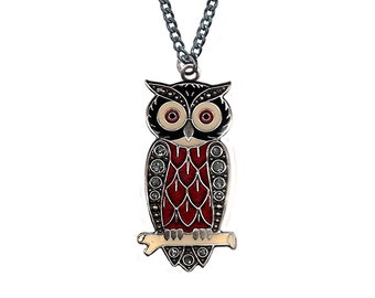 Enameled Owl necklace, hand painted with a beautiful coloured combination, plated in antique silver. Includes gift bag. Gift for women.