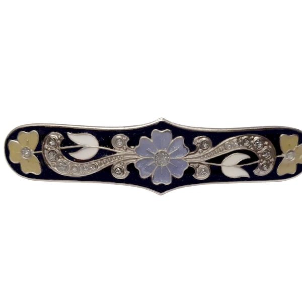 Barrette à cheveux style Art Nouveau 72mm. Peinte à la main. Pince 60mm. Plaqué argent satiné. Comprend un sac cadeau. Cadeau élégant pour les femmes.