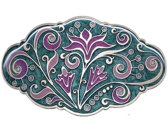 Pasador de pelo estilo Art Nouveau, pintado a mano. Clip 90mm. Bañado plata antigua. Incluye bolsa para regalo.  Elegante pasador para mujer