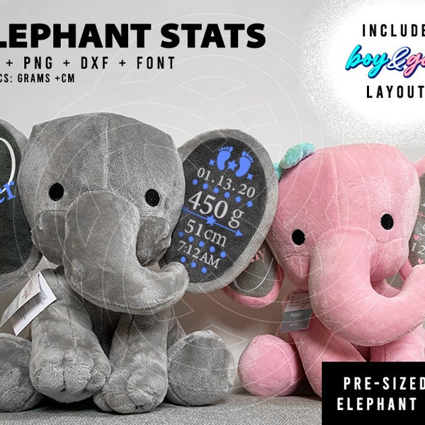 Statistiques personnalisées de naissance | Grammes + Cm | Statistiques éléphant | Nouveau-né | Bébé | Souvenir | Cadeau | Pour Humphrey Peluche Jouet | Téléchargement numérique