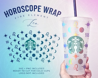 Può includere: Una tazza riutilizzabile bianca con un design olografico che presenta il segno zodiacale Leone, stelle, lune e un logo Starbucks. Il testo "HOROSCOPE WRAP FIRE ELEMENT Leo" è nella parte superiore dell'immagine. Il testo "SVG + PNG INCLUDED READY TO CUT FOR COLD CUPS LOGO NOT INCLUDED" è nella parte inferiore dell'immagine.