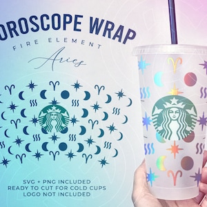 Può includere: Una tazza riutilizzabile bianca con un design che presenta un simbolo zodiacale, stelle e lune crescenti. Il design è in uno schema di colori arcobaleno iridescente. Il testo "HOROSCOPE WRAP FIRE ELEMENT Aries" è nella parte superiore dell'immagine. Il testo "SVG + PNG INCLUDED READY TO CUT FOR COLD CUPS LOGO NOT INCLUDED" è nella parte inferiore dell'immagine.