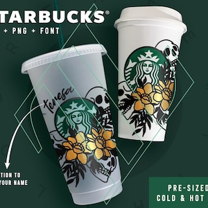 Personalised Starbucks Skull Floral Design | Presized for Hot + Cold Cup | Custom Gift | Halloween | Holiday | Fall | Autumn | SVG PNG