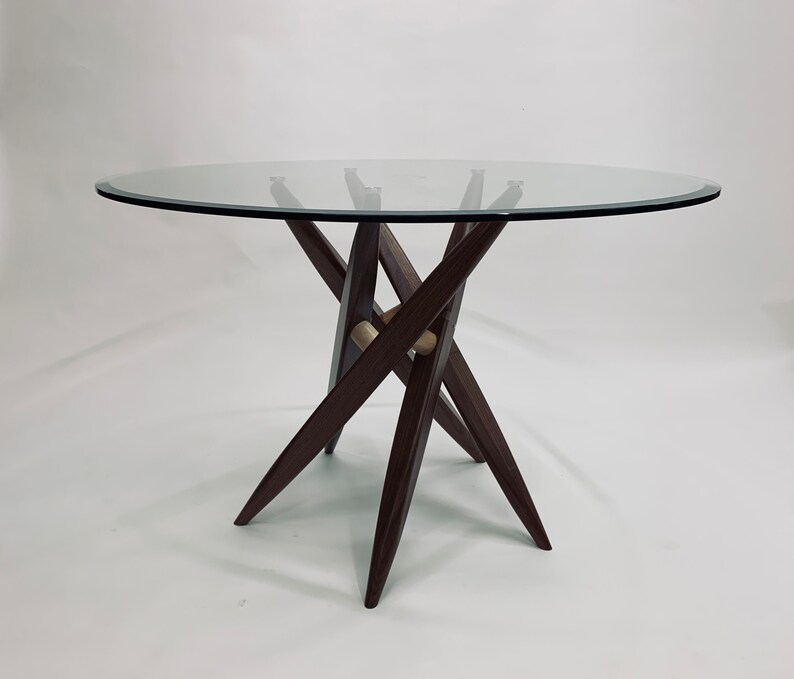 Round 44-inch Glass-top Table With Wood Base - Etsy