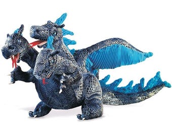 Folkmanis Puppets Blue Three Headed Dragon Hand Puppet Metallic Scale Plush Toy