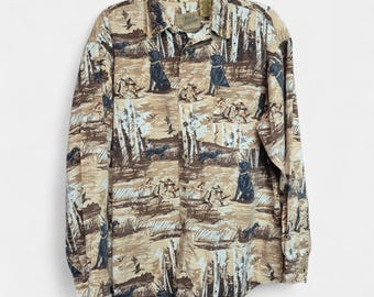 Outdoor Life Field Tested Mens Large Ivory Duck Hunting Black Lab Cotton Shirt