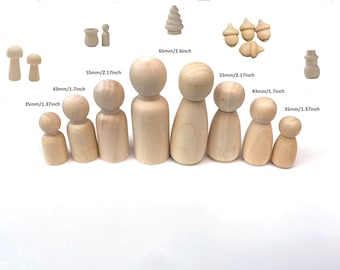 Unfinished Wooden Peg Dolls Family Peg Toy Different Size People Family Doll Bodies DIY Wood Craft: giant, jumbo, large, regular and small