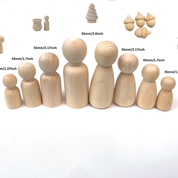 Unfinished Wooden Peg Dolls Family Peg Toy Different Size People Family Doll Bodies DIY Wood Craft: giant, jumbo, large, regular and small