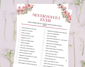 Never Have I Ever - despedida de soltera, tarjeta de fiesta, despedida de soltera
