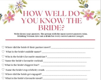 ¿Qué tan bien conoces a la novia? Juego de despedida de soltera, descarga digital, actividad de despedida de soltera
