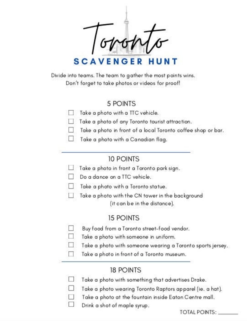 Toronto Scavenger Hunt, Toronto Activity, City Scavenger List. - Etsy