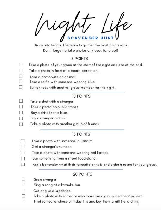 Night Life Scavenger Hunt, party acitivity, adult party activity, digital download.