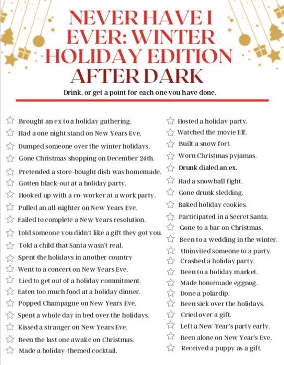 Never Have I Ever- Winter Holiday Edition AFTER DARK, party game. Adult holiday party game.