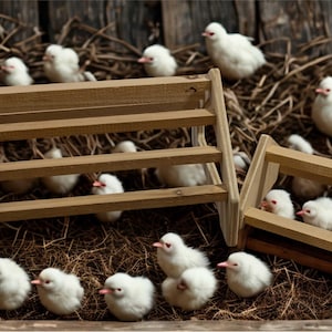 May include: A rustic scene featuring several fluffy white chicks with red beaks and wooden structures. The chicks are nestled in hay, with two small wooden shelves. The background is a weathered wooden wall.