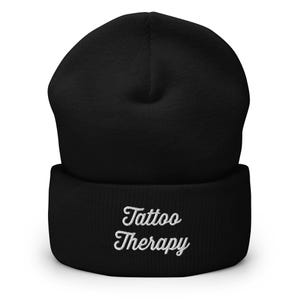 Tattoo Therapy Embroidered Beanie | Script Logo Cuffed Hat | Gothic Streetwear Acrylic