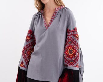 Women's embroidered shirt with original embroidery and gray linen