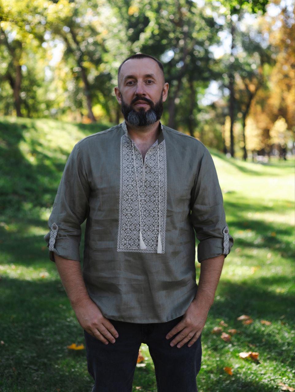 Men's Khaki Linen Vyshyvanka Shirt, Military Style Embroidered Top