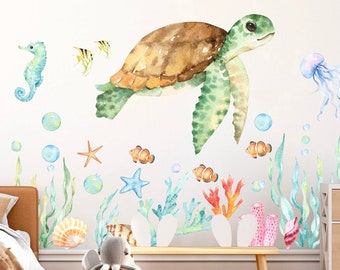 Watercolor Sea Turtle Wall Decals, Removable Underwater World Nursery Decor, Peel and Stick Kids Room Sea Life Wall Stickers - BR039