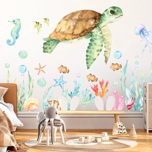 Watercolor Green Turtle in Underwater World Wall Decal - Removable Peel and Stick - BR039