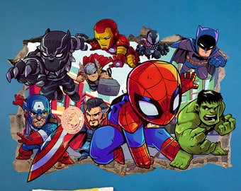 Bursting Avengers Super heroes Spiderman Iron Man Hulk Captain America 3D Smashed Wall Decal - BR344