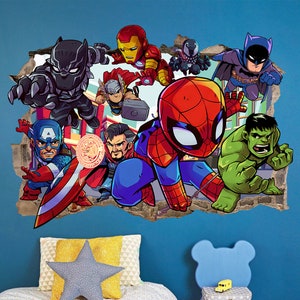 Bursting Avengers Superhelden Spiderman Iron Man Hulk Captain America 3D Smashed muursticker - BR344