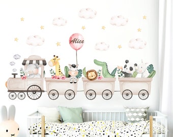 Safari Train Adventure Wall Decal - Elephant Giraffe Hippo Zebra Lion with Clouds and Stars - BR445