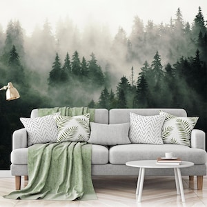 Misty Forest Wall Mural – Custom Size Removable Fabric Wallpaper, Foggy Pine Tree Nature Art for Living Room Decor - WM004