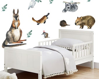 Watercolor Australian Animal Wall Decal Set – Removable Fabric Stickers for Kids Room Nursery, Koala Kangaroo Wombat Decor - BR002