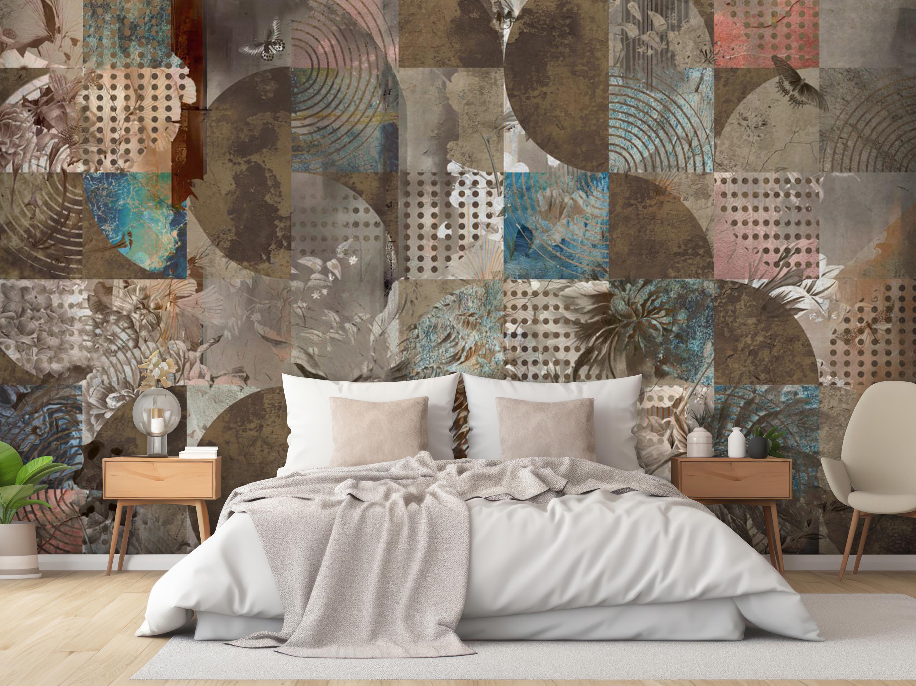 ヴィンテージ抽象幾何学花柄壁画 - 剥がして貼れる布壁紙（寝室