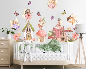 Whimsical Fairy and Butterfly Dancing on Mushroom House Wall Decal - Removable Peel and Stick - BR311