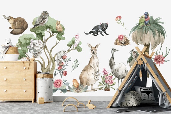 Australian Animals and Plants Wall Decals Kangaroo Koala Eucalyptus Nursery Decor Eucalyptus Plant Stickers  - BR125