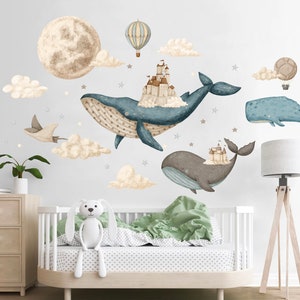 Castle on Whale Sky City Wall Decal - Dreamy Watercolor Kids Room Decor - BR386