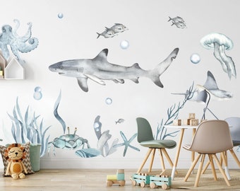 Blue Grey Underwater World Wall Decal - Shark Crab Octopus Jelly Fish - BR033