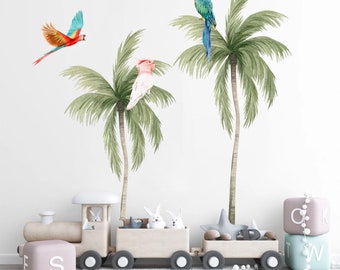 Tropical Coconut Trees with Parrots Wall Decal - Removable Peel and Stick - BR293