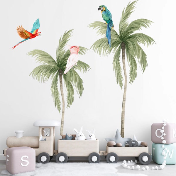 Tropical Coconut Trees with Parrots Wall Decal - Removable Peel and Stick - BR293