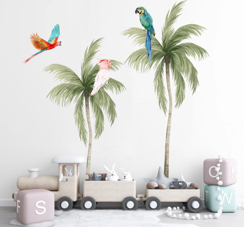 Tropical Coconut Trees with Parrots Wall Decal Removable Peel and Stick BR293 image 1