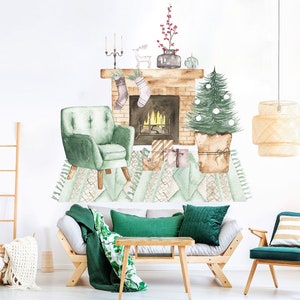 May include: A watercolor illustration of a fireplace with stockings hanging from the mantel, a lit fire, and a Christmas tree. A green armchair sits in front of the fireplace, and a rug with a geometric pattern is on the floor. The illustration is on a white wall, and there are other furniture pieces in the room.