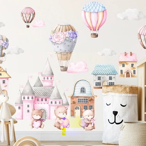 Watercolor Baby Bear in Castle with Pink Hot Air Floral Balloon Removable Wall Decal Sticker - BR099
